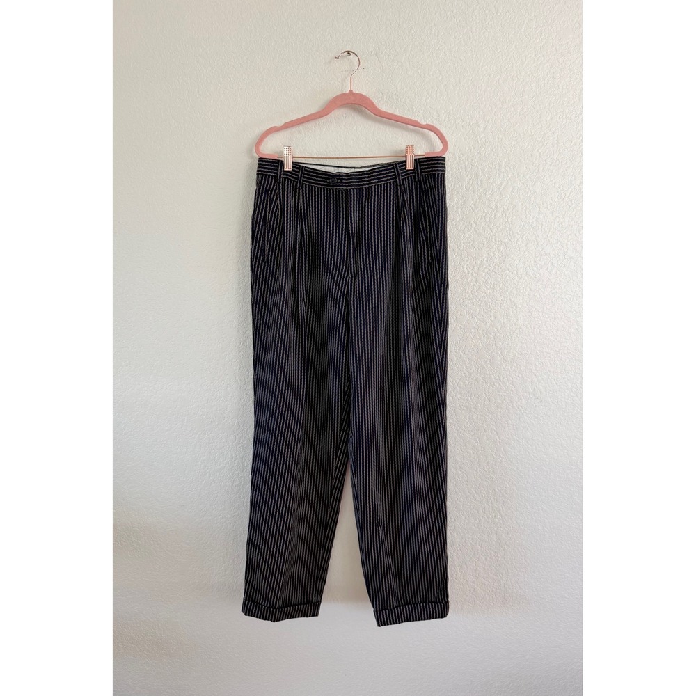 Vintage Italian Pleated Pinstripe Trousers Mens 34 Navy‎ Blue Cuffed Tailored